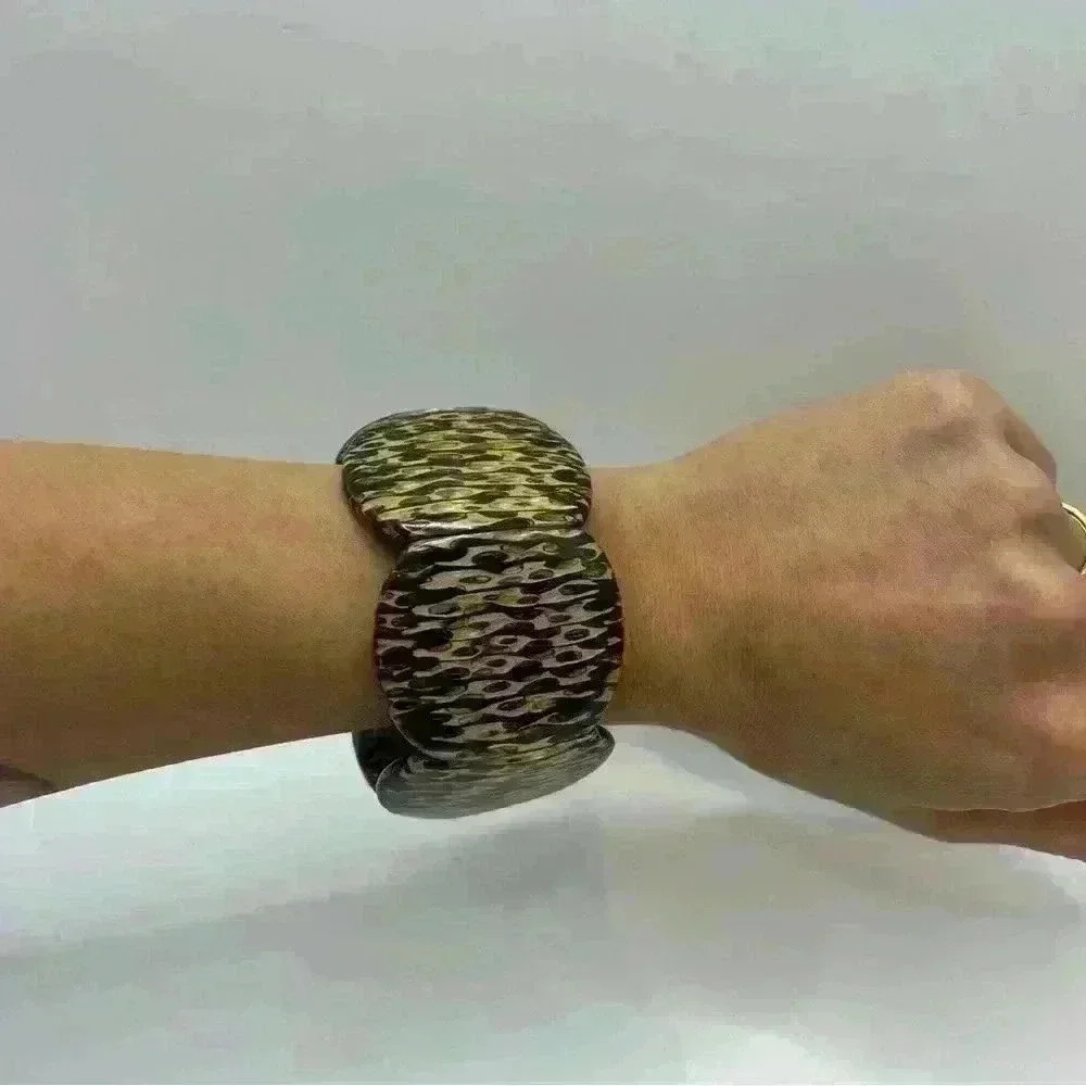 Vintage Wooden Bracelet Animal Print Coated Stretchy - Picture 2 of 6